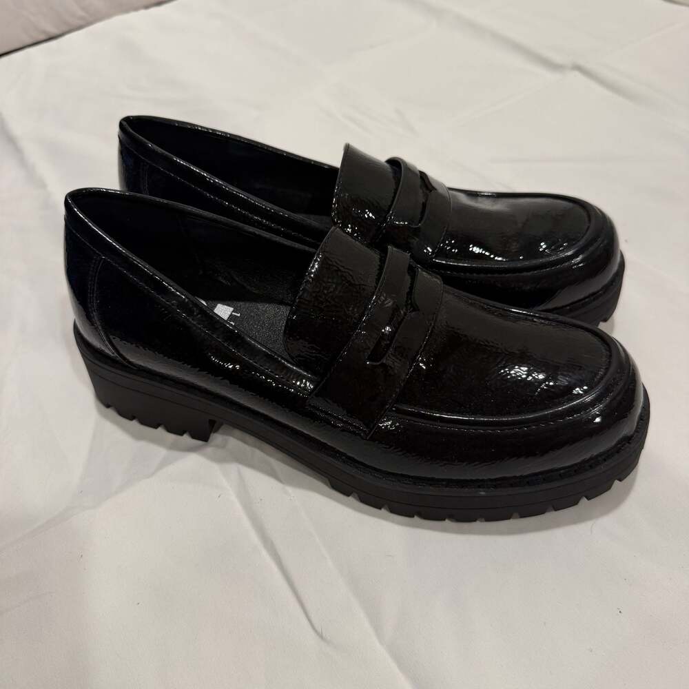 Dirty Laundry Voidz Lug Sole Penny Loafers in Black Patent